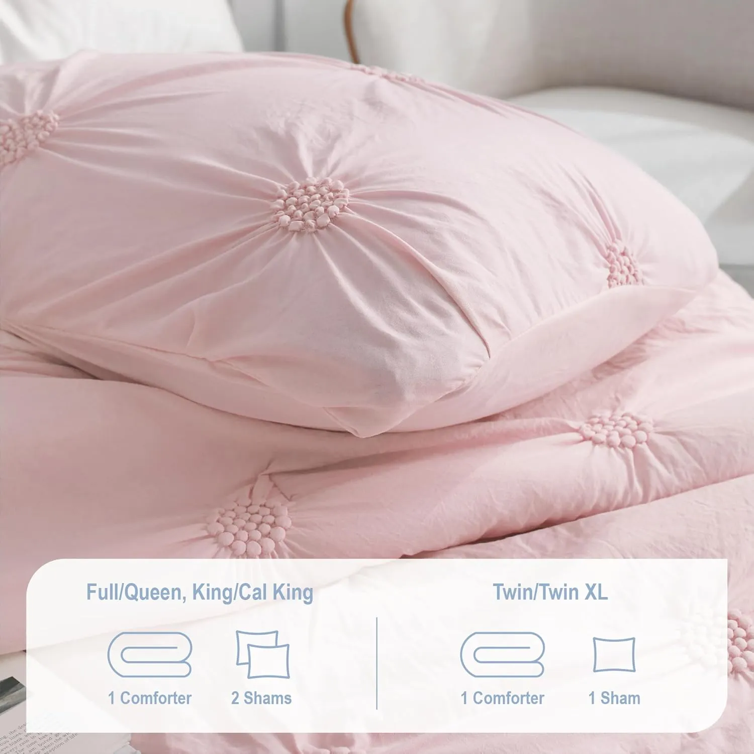 Swift Home King Baby Pink Rose Blush Comforter Set - Ruched 3D Floral Pintuck Bedding Set - 3 Pieces Bed Linen, 1 Comforter and 2 Pillow Shams