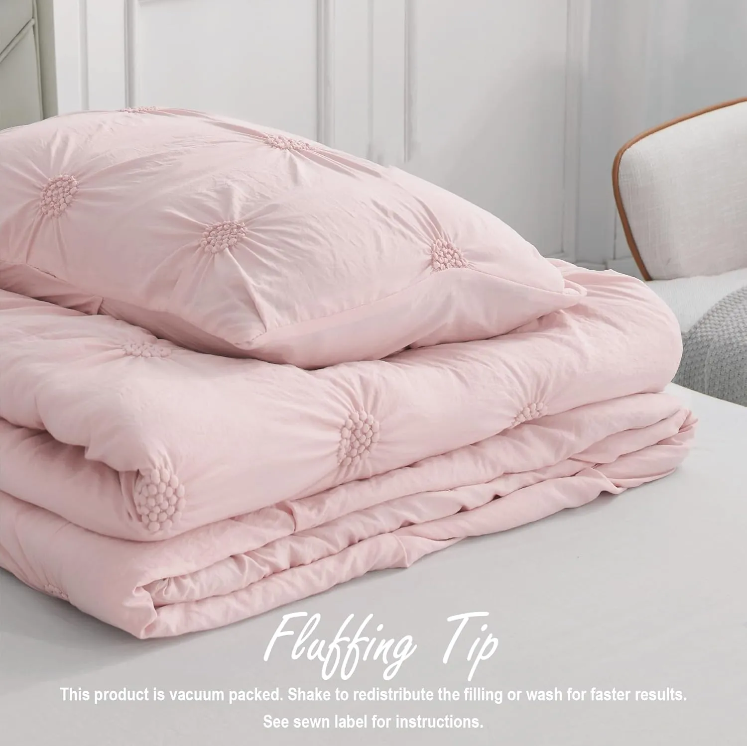 Swift Home King Baby Pink Rose Blush Comforter Set - Ruched 3D Floral Pintuck Bedding Set - 3 Pieces Bed Linen, 1 Comforter and 2 Pillow Shams