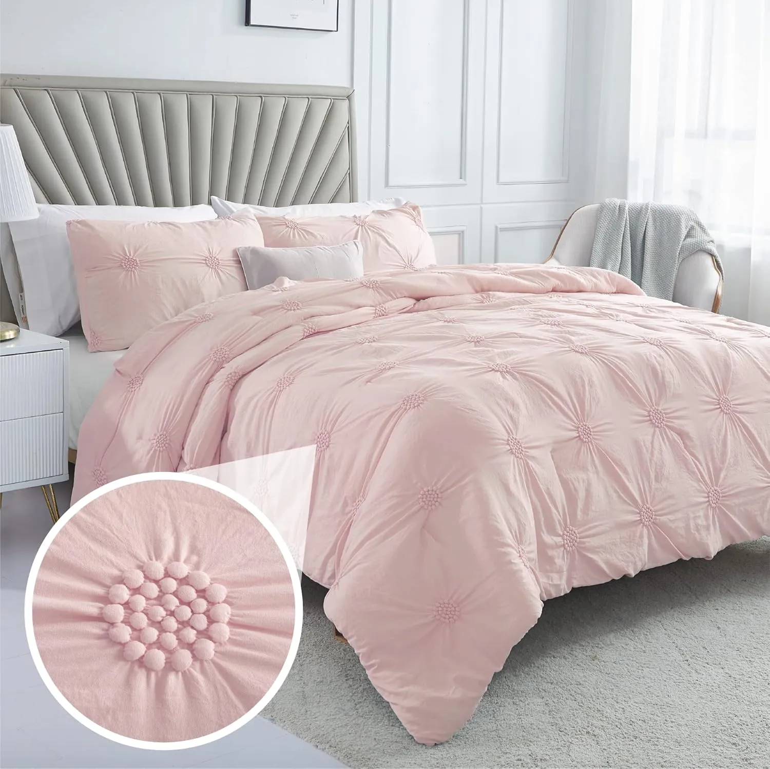 Swift Home King Baby Pink Rose Blush Comforter Set - Ruched 3D Floral Pintuck Bedding Set - 3 Pieces Bed Linen, 1 Comforter and 2 Pillow Shams