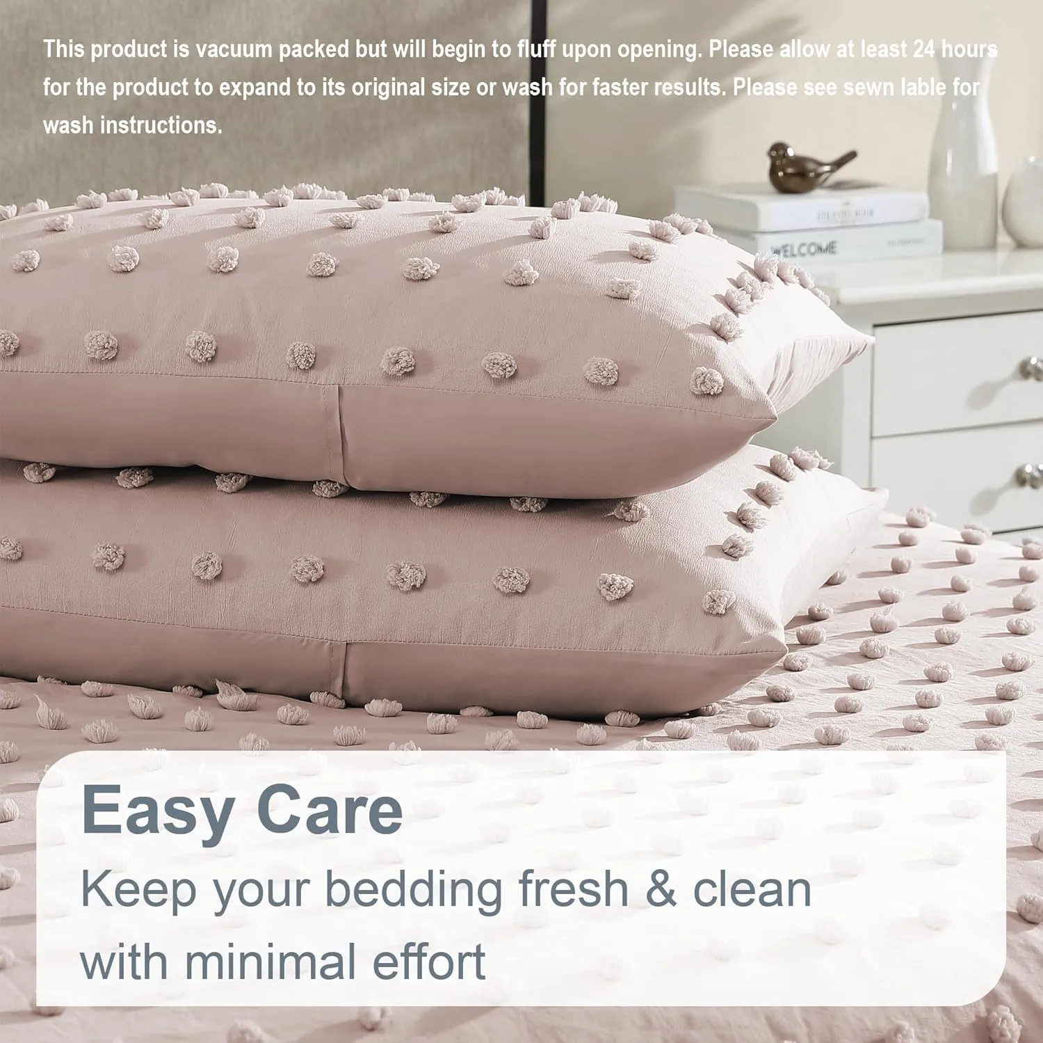 Swift Home King Blush Comforter Set - Decorative Tufted Pom Poms Bedding Set - 3 Pieces Bed Linen, 1 Comforter and 2 Pillow Shams