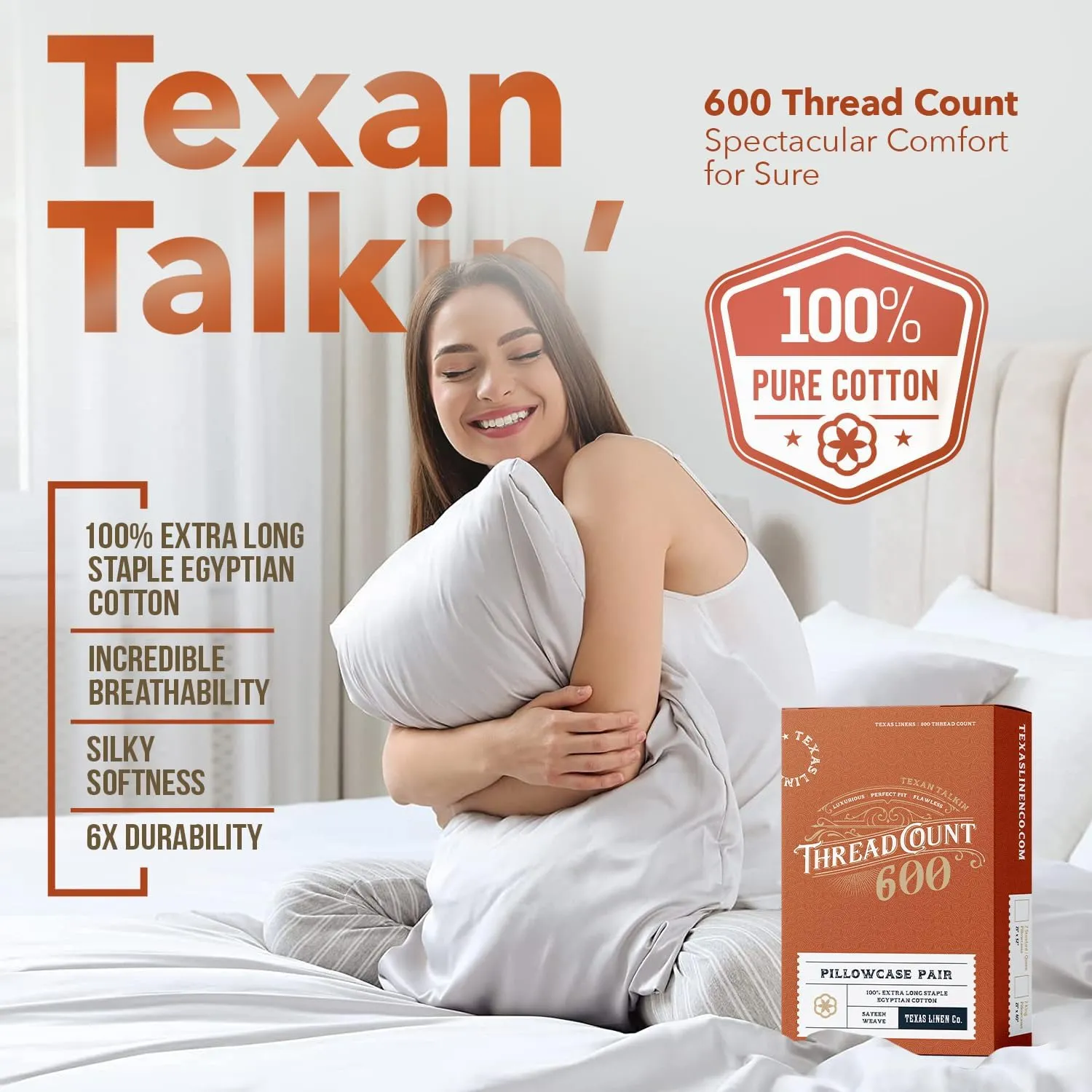 TEXAS LINEN CO. 100% Egyptian Cotton Pillow Cases Set of 2, 600 Thread Count Blush King Pillowcase for Sleeping, Soft, Silky Sateen Weave Bed Pillow Cover, Extra Long Staple Cotton Pillowcases