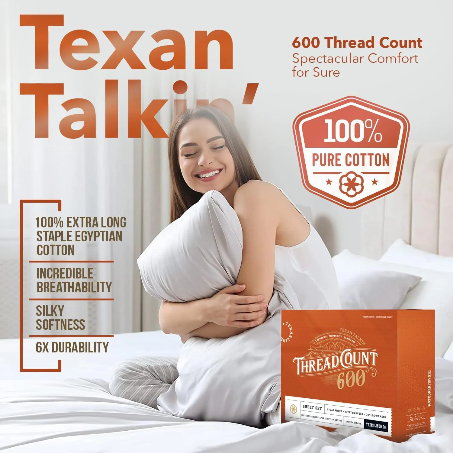 TEXAS LINEN CO. 100% Egyptian Cotton Sheets, 600 Thread Count 4 Piece Queen Size Sheet Set, Soft, Cooling, High Thread Count Sateen, Extra Long Staple Luxury Bedding, 16 in Deep Pocket - Blush