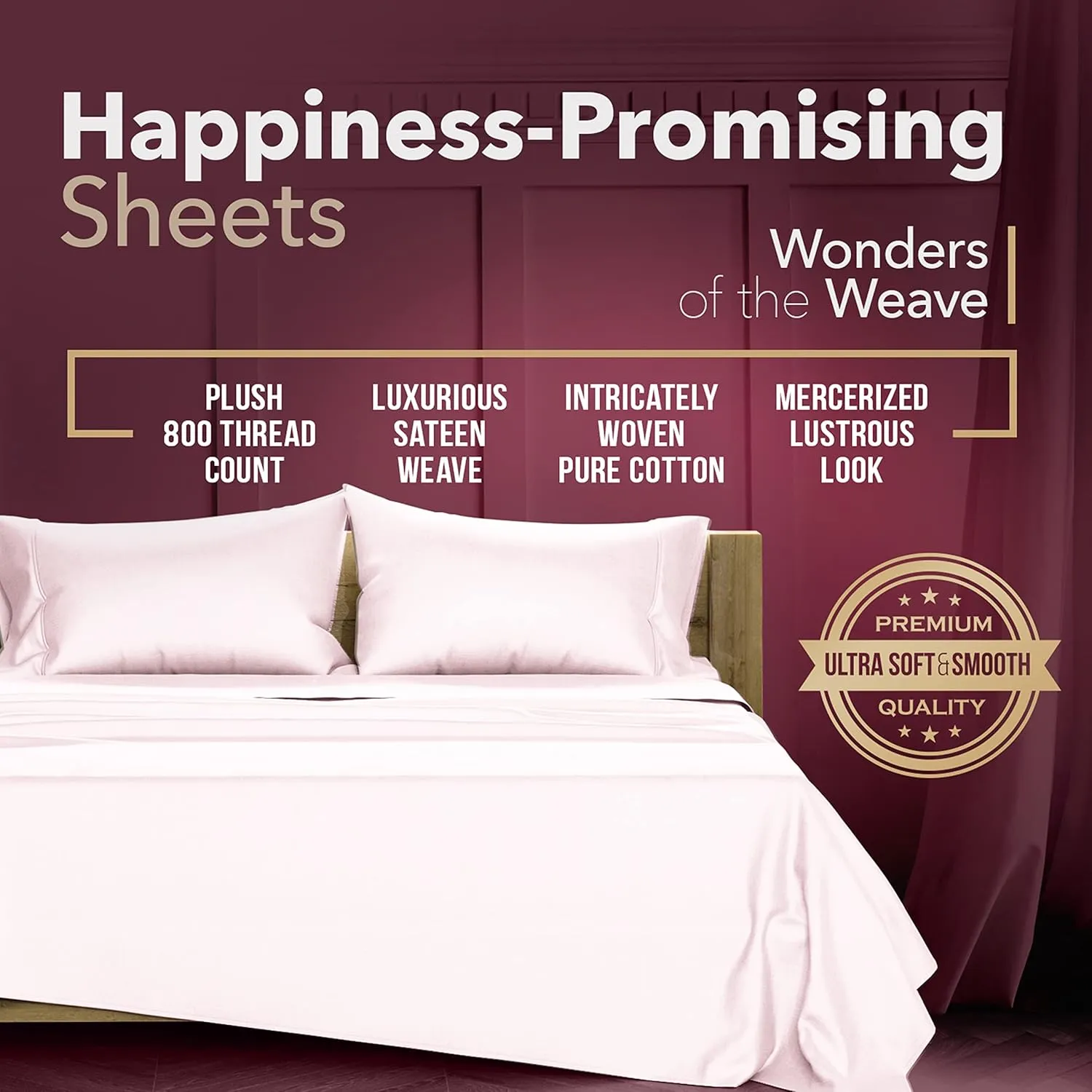 TEXAS LINEN CO. Egyptian Cotton Sheet Set - 800 TC 4 PC Blush Queen Bedsheet for Queen Size Bed, Sateen Weave Luxury Hotel Sheets, Soft Cooling Bedding Sheets, 16" Deep Pocket (Fits upto 18"Mattress)
