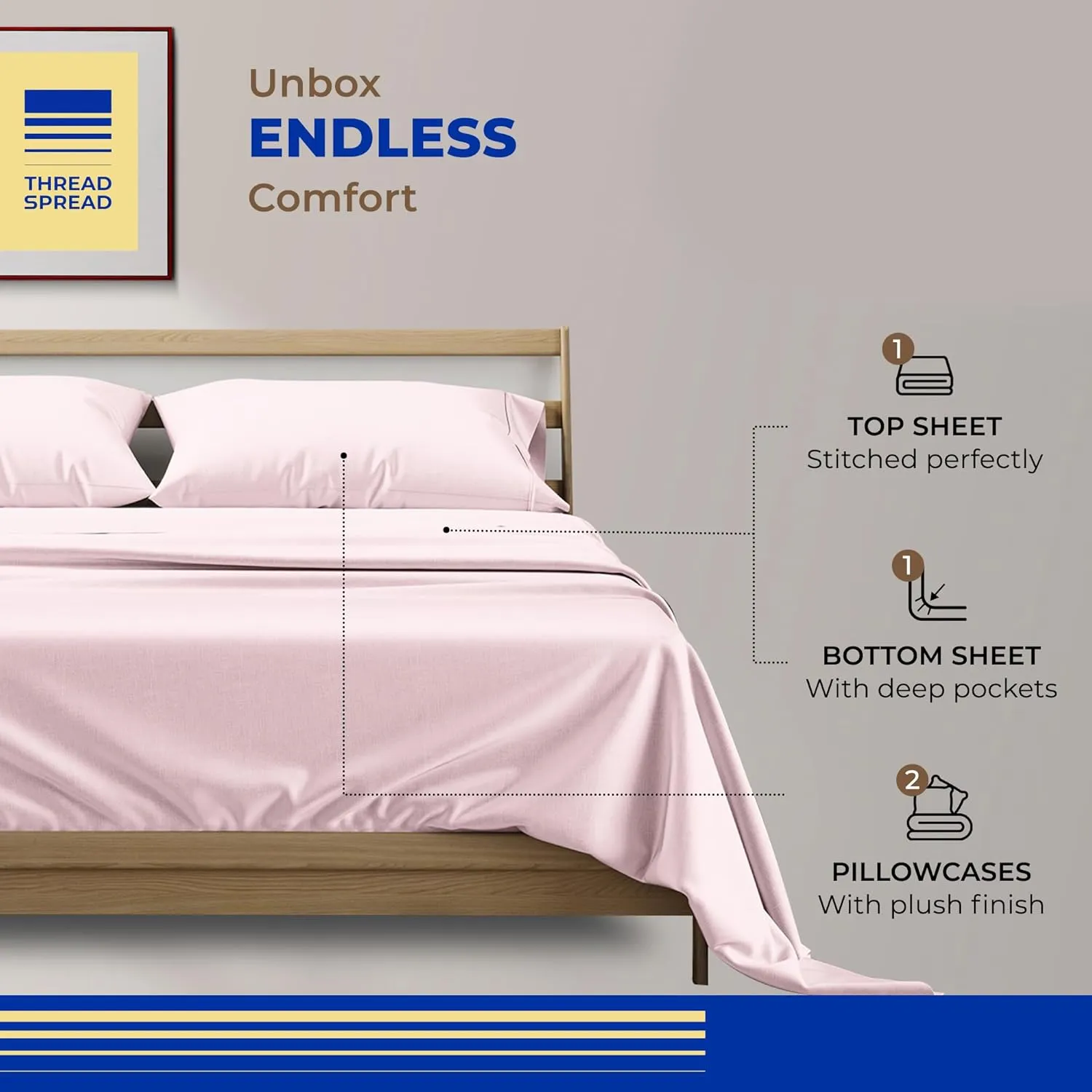 THREAD SPREAD 100% Egyptian Cotton Sheets Queen Size - 800 High Thread Count Sheets Queen, 4 PC Luxury Hotel Sheets for Queen Size Bed, 16" Deep Pocket Sateen Weave Soft Cooling Bedding Sets - Blush