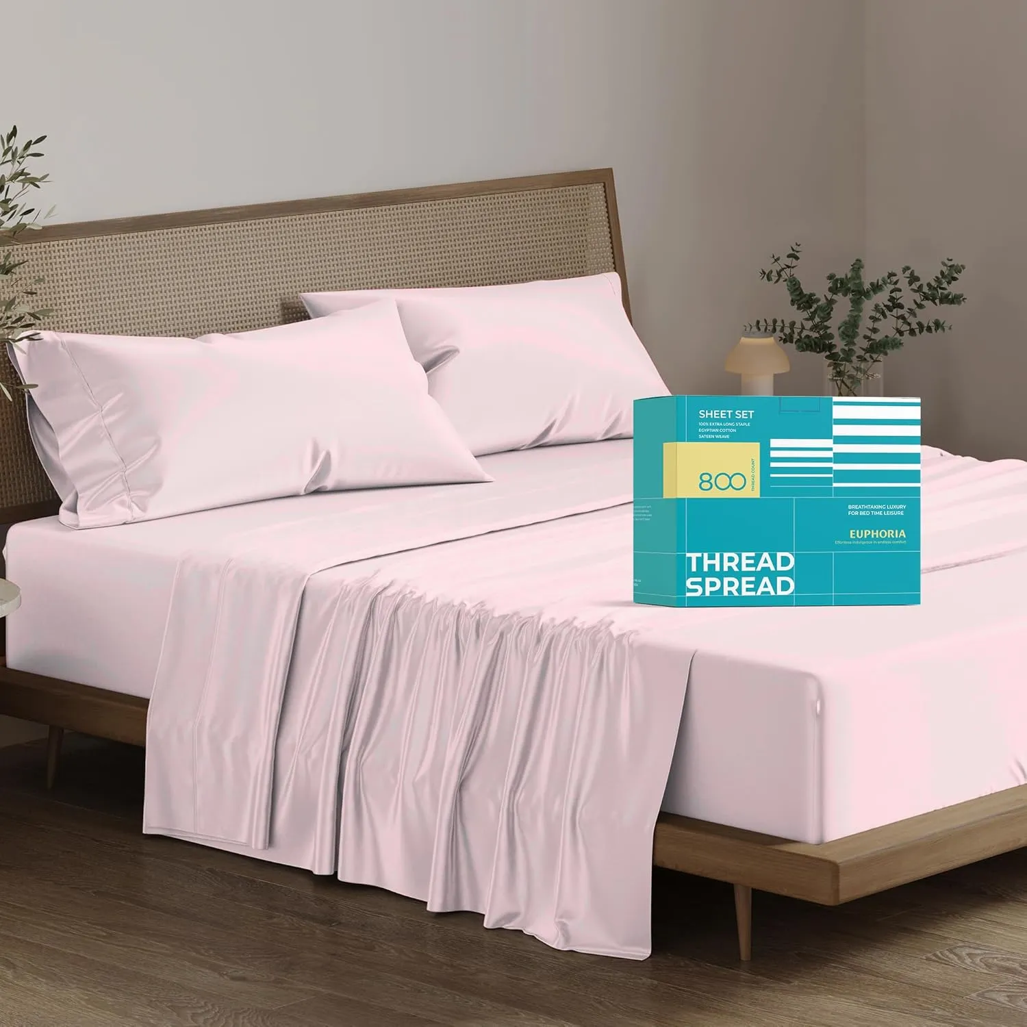 THREAD SPREAD 100% Egyptian Cotton Sheets Queen Size - 800 High Thread Count Sheets Queen, 4 PC Luxury Hotel Sheets for Queen Size Bed, 16" Deep Pocket Sateen Weave Soft Cooling Bedding Sets - Blush