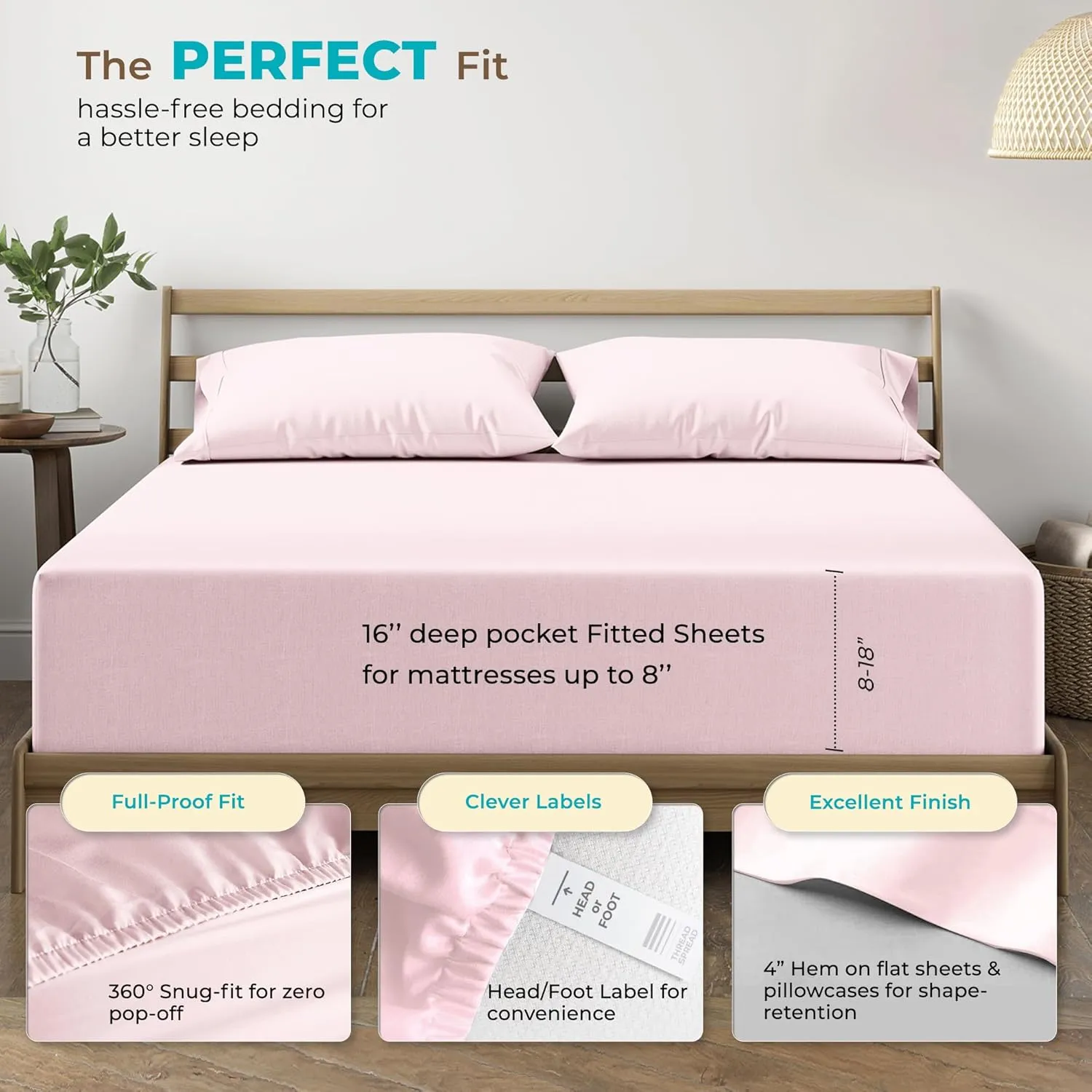 THREAD SPREAD 100% Egyptian Cotton Sheets Queen Size - 800 High Thread Count Sheets Queen, 4 PC Luxury Hotel Sheets for Queen Size Bed, 16" Deep Pocket Sateen Weave Soft Cooling Bedding Sets - Blush