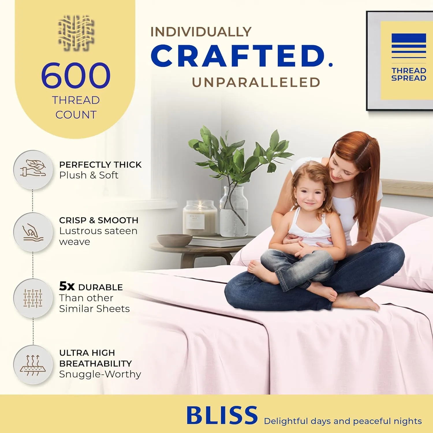 THREAD SPREAD King Size Sheets Set - Egyptian Cotton, 600 Thread Count, 4 PC Luxury Sheets, 16" Deep Pocket, Soft, Cooling Sateen Weave Hotel Bed Sheets - Blush