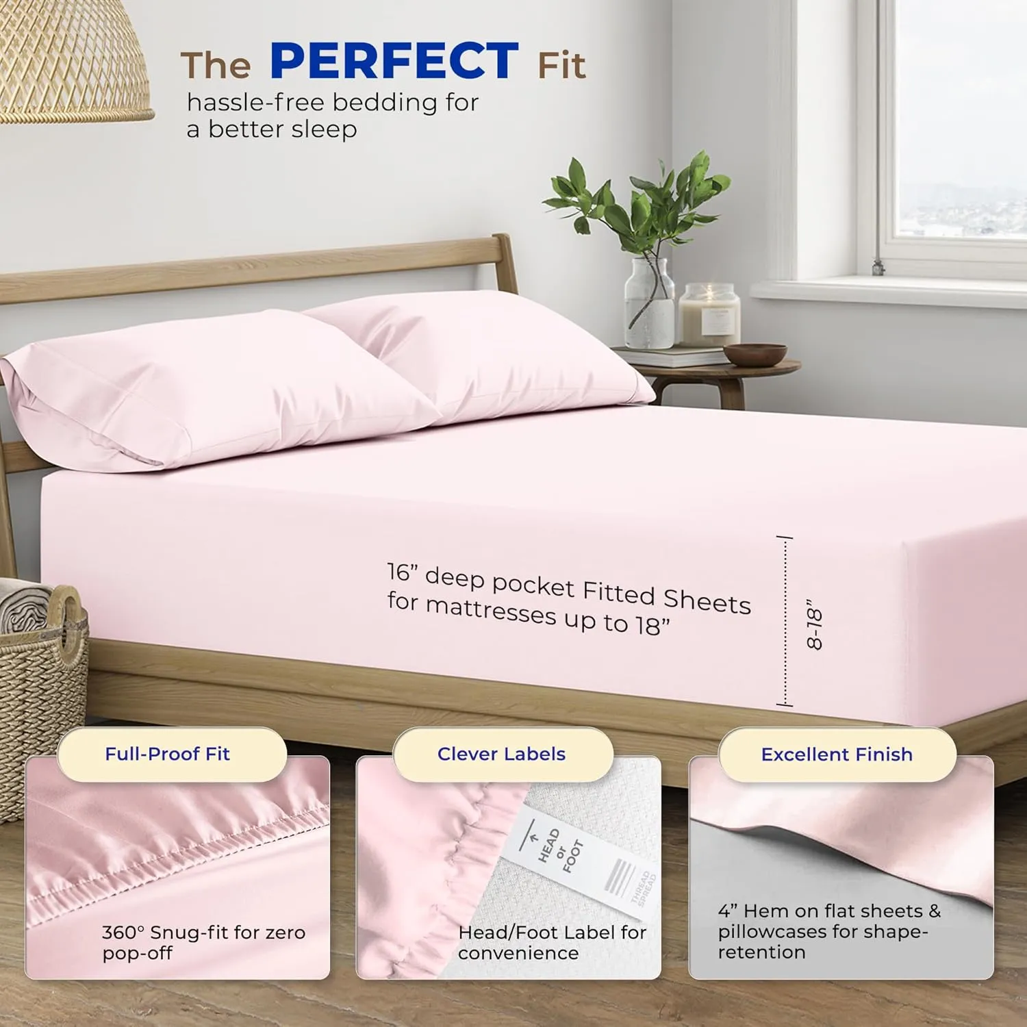 THREAD SPREAD King Size Sheets Set - Egyptian Cotton, 600 Thread Count, 4 PC Luxury Sheets, 16" Deep Pocket, Soft, Cooling Sateen Weave Hotel Bed Sheets - Blush
