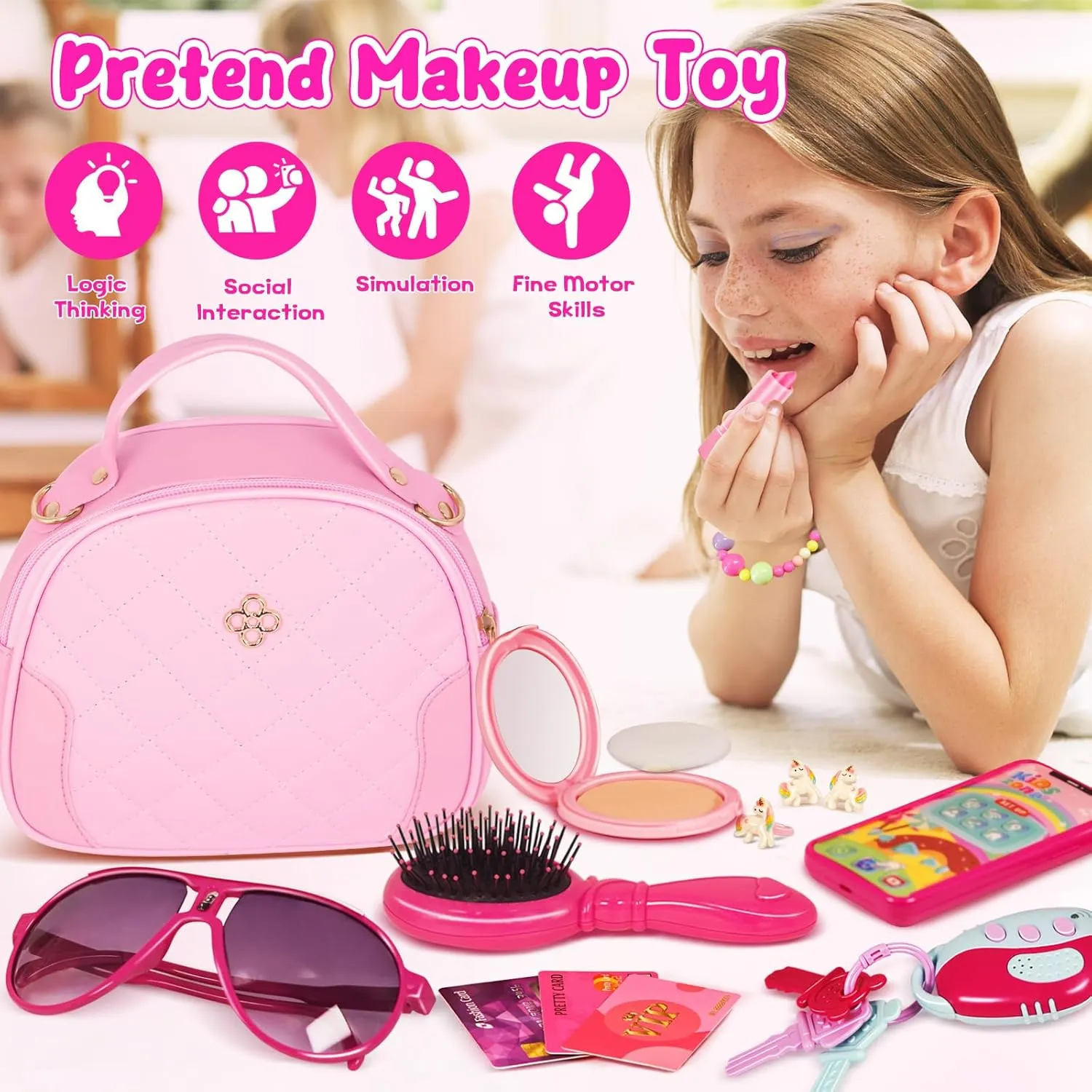 Toddler Play Purse for Little Girls, Purse for 3 4 5 6 7 8 Year Old, Princess Gifts Play Purse Set with Handbag/Phone/Pretend Toy Kit, Birthday Christmas Toys for Girls Age 3 