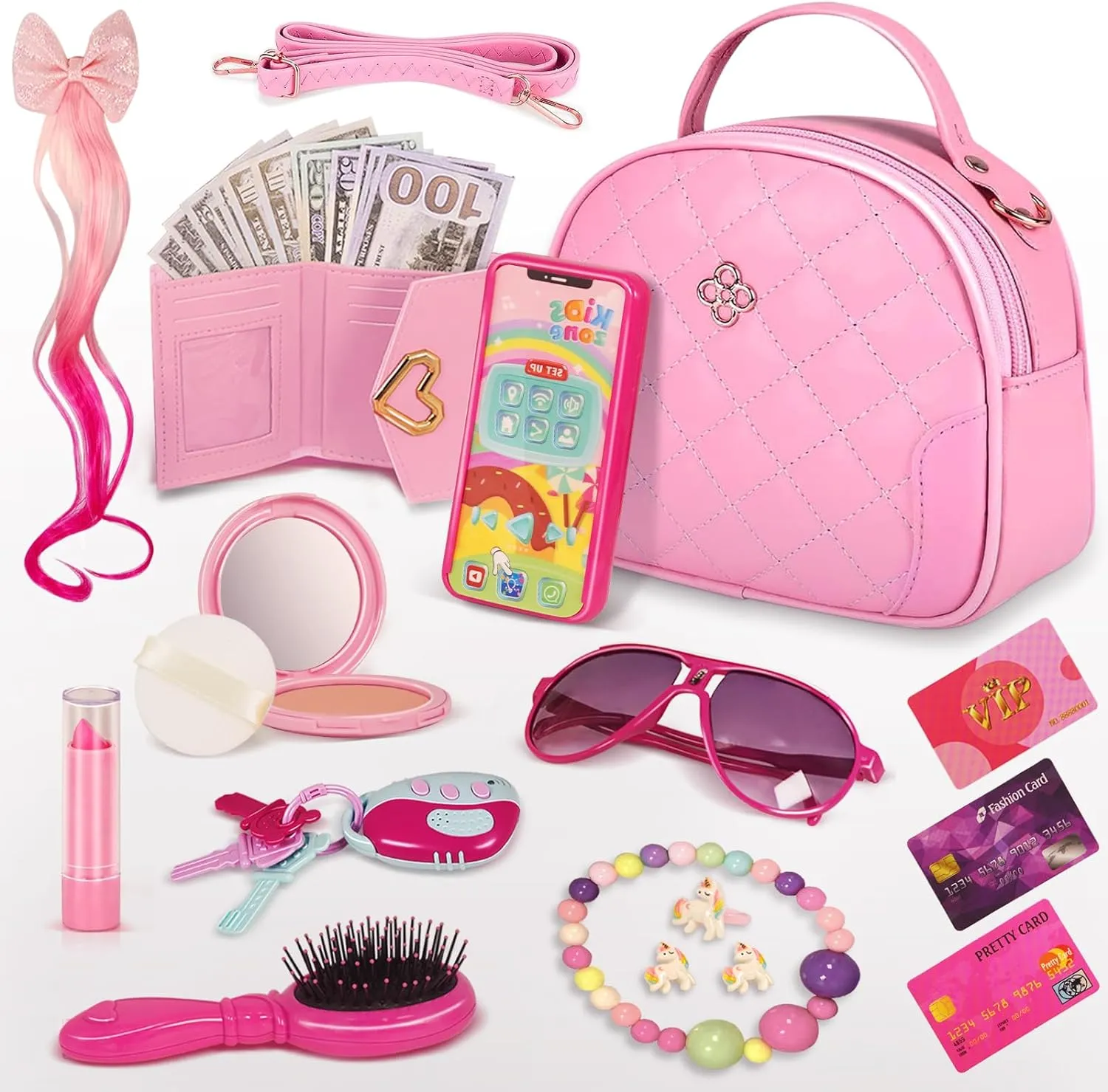 Toddler Play Purse for Little Girls, Purse for 3 4 5 6 7 8 Year Old, Princess Gifts Play Purse Set with Handbag/Phone/Pretend Toy Kit, Birthday Christmas Toys for Girls Age 3 