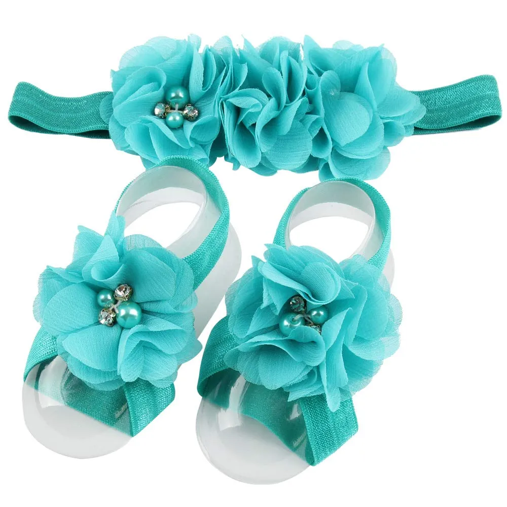 Toptim Baby Girl's Barefoot Sandals Solid Flower for Newborn Infants Toddlers (Headband Sets of 9)