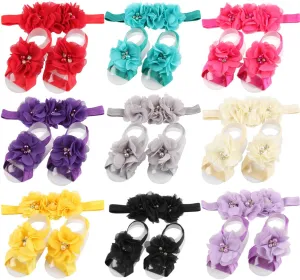 Toptim Baby Girl's Barefoot Sandals Solid Flower for Newborn Infants Toddlers (Headband Sets of 9)