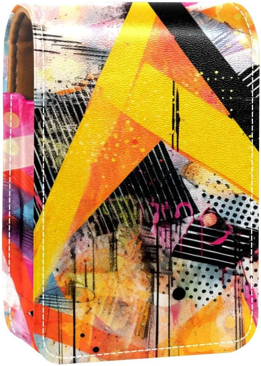 Travel Lipstick Organizer Case,Lipstick Case Portable Makeup Bag With Mirror,Bright Abstract Geometric Graffiti