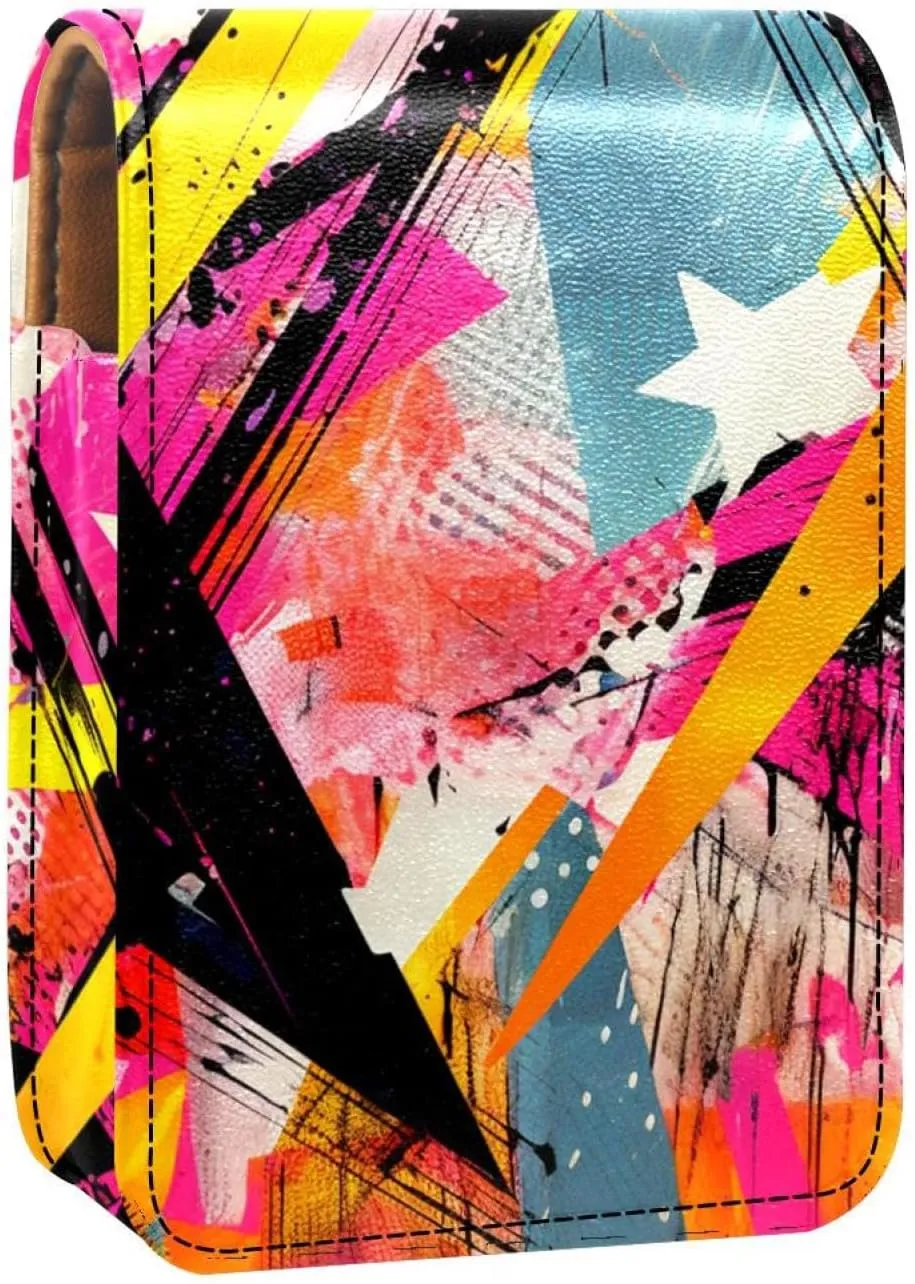 Travel Lipstick Organizer Case,Lipstick Case Portable Makeup Bag With Mirror,Bright Abstract Geometric Graffiti
