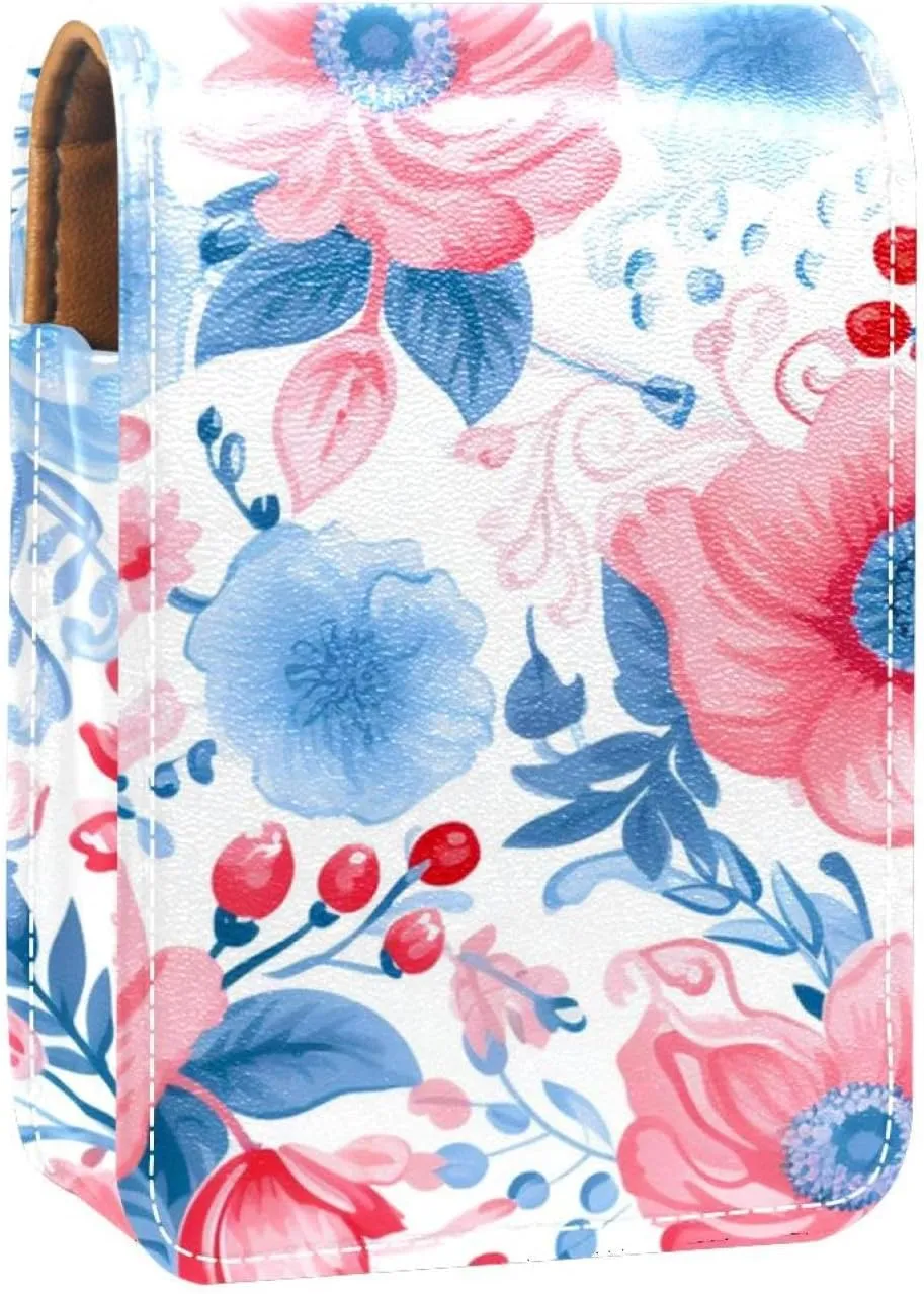 Travel Lipstick Organizer Case,Lipstick Case Portable Makeup Bag With Mirror,Bright and Happy Floral