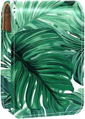 Travel Lipstick Organizer Case,Lipstick Case Portable Makeup Bag With Mirror,Tropical Palm Leaves Green Bright