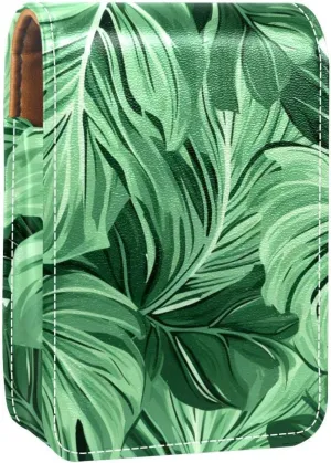 Travel Lipstick Organizer Case,Lipstick Case Portable Makeup Bag With Mirror,Tropical Palm Leaves Green Bright