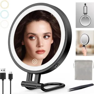 Travel Makeup Mirror with Lights,3000mAh Rechargeable 1X/10X Magnifying Mirror with Light, 7" Portable Lighted Beauty Mirror, Make Up Mirrors with 3 Light Colors, Dimmable Tabletop Handhold Hanging