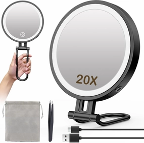 Travel Makeup Mirror with Lights,3000mAh Rechargeable 1X/20X Magnifying Mirror with Light, 7" Portable Lighted Beauty Mirror, Make Up Mirrors with 3 Light Colors, Dimmable Tabletop Handhold Hanging(B)