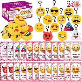 Valentines Day Gifts for Kids Classroom - 24Pcs Valentines Cards with Emoticon Plush KeyChains, Kids Teens School Valentines Exchange Cards Emotion Key Chains Party Favor Toys Carnival Prizes