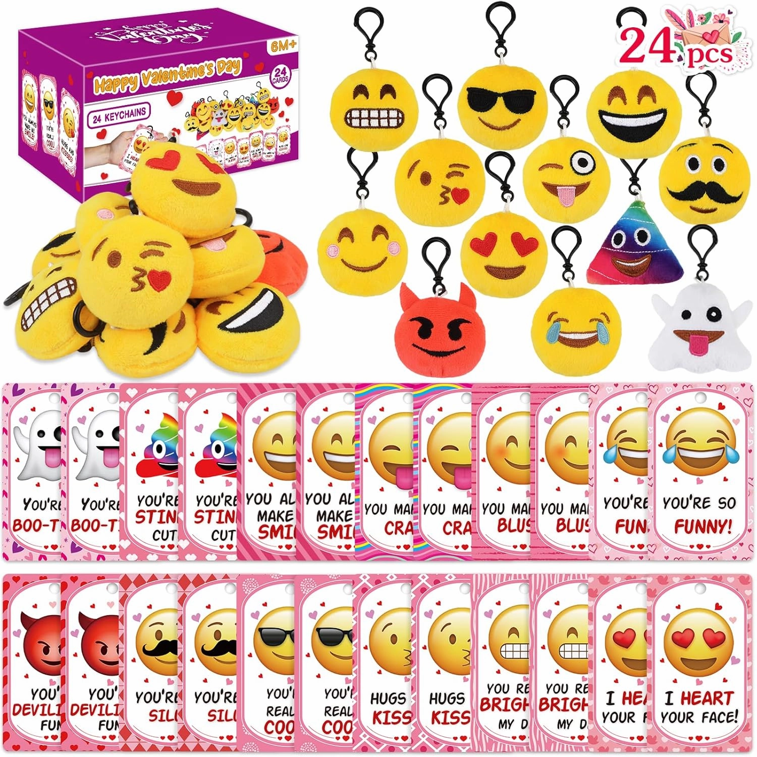 Valentines Day Gifts for Kids Classroom - 24Pcs Valentines Cards with Emoticon Plush KeyChains, Kids Teens School Valentines Exchange Cards Emotion Key Chains Party Favor Toys Carnival Prizes
