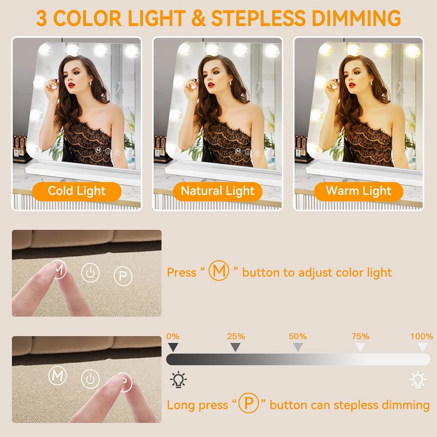 Vanity Mirror with Lights, 3 Color Lights, 11 Led Bulbs, Hollywood Mirror Makeup Light 360°Rotation with 10X Magnification, Smart Touch Lighting Modes for Bedroom, Dressing Room 19.7”x 16.5”
