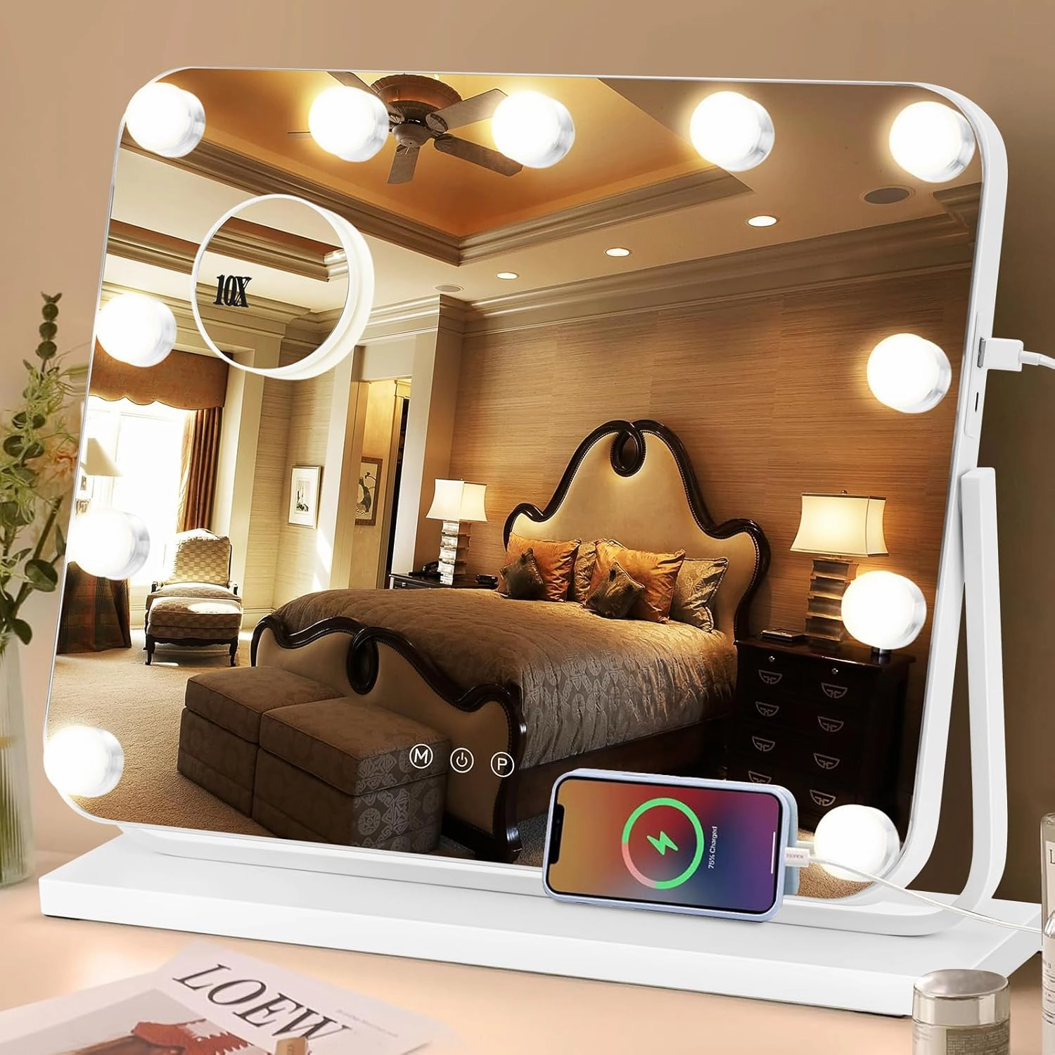 Vanity Mirror with Lights, 3 Color Lights, 11 Led Bulbs, Hollywood Mirror Makeup Light 360°Rotation with 10X Magnification, Smart Touch Lighting Modes for Bedroom, Dressing Room 19.7”x 16.5”