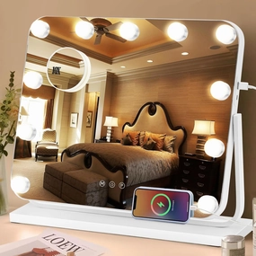 Vanity Mirror with Lights, 3 Color Lights, 11 Led Bulbs, Hollywood Mirror Makeup Light 360°Rotation with 10X Magnification, Smart Touch Lighting Modes for Bedroom, Dressing Room 19.7”x 16.5”