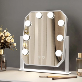 Vanity Mirror with Lights, 8 Led Bulbs Makeup Mirror with Detachable Magnification Mirror, 3 Color Lights Tabletop Makeup Mirror, 360°Rotation, White