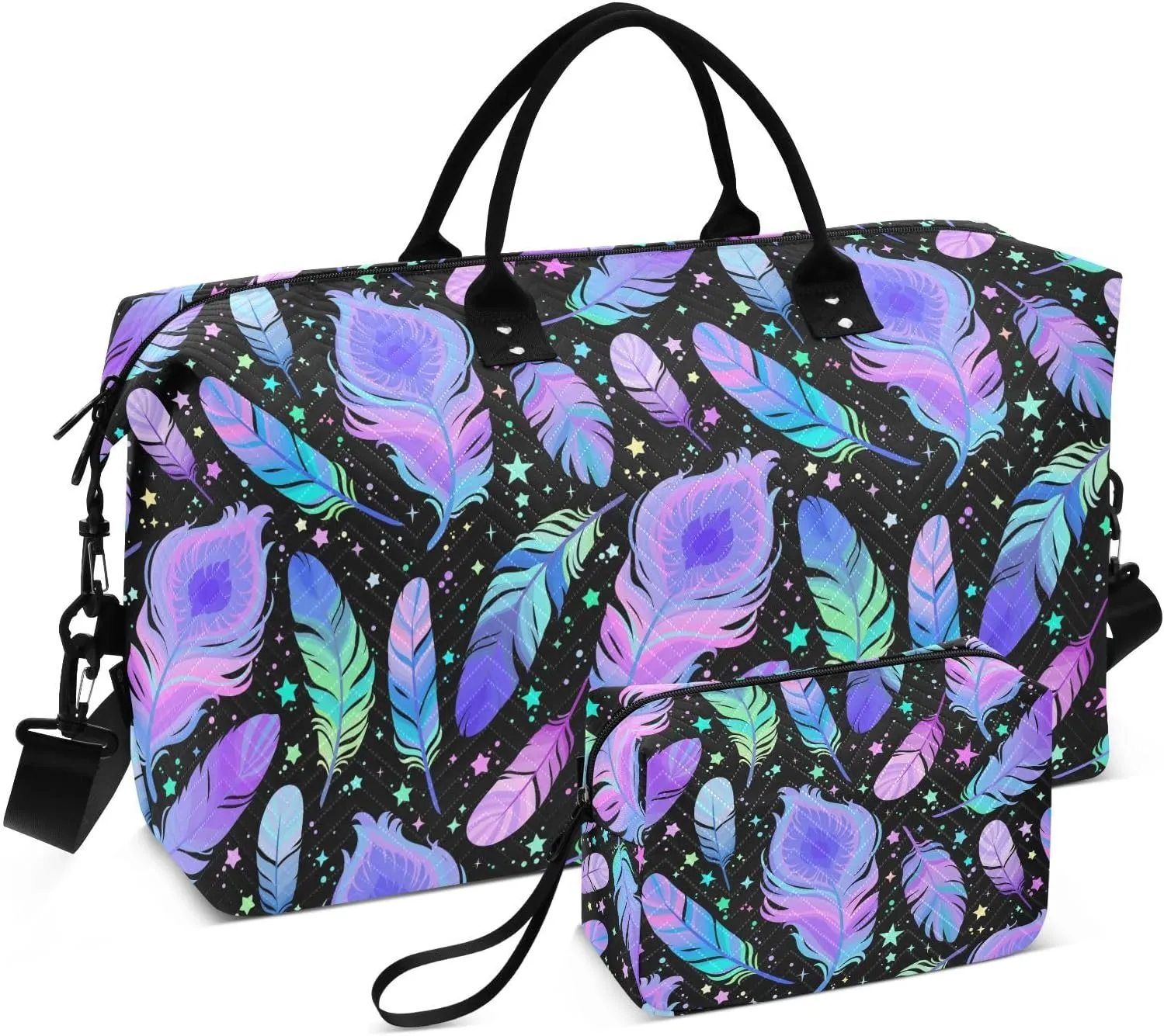 VIGTRO Travel Duffel Bag Weekender Overnight Bag with Toiletry Bag Colorful Bright Feathers Printed, Carry On Luggage Bag for Hospital Gym Travel Business, 2 Pcs Set