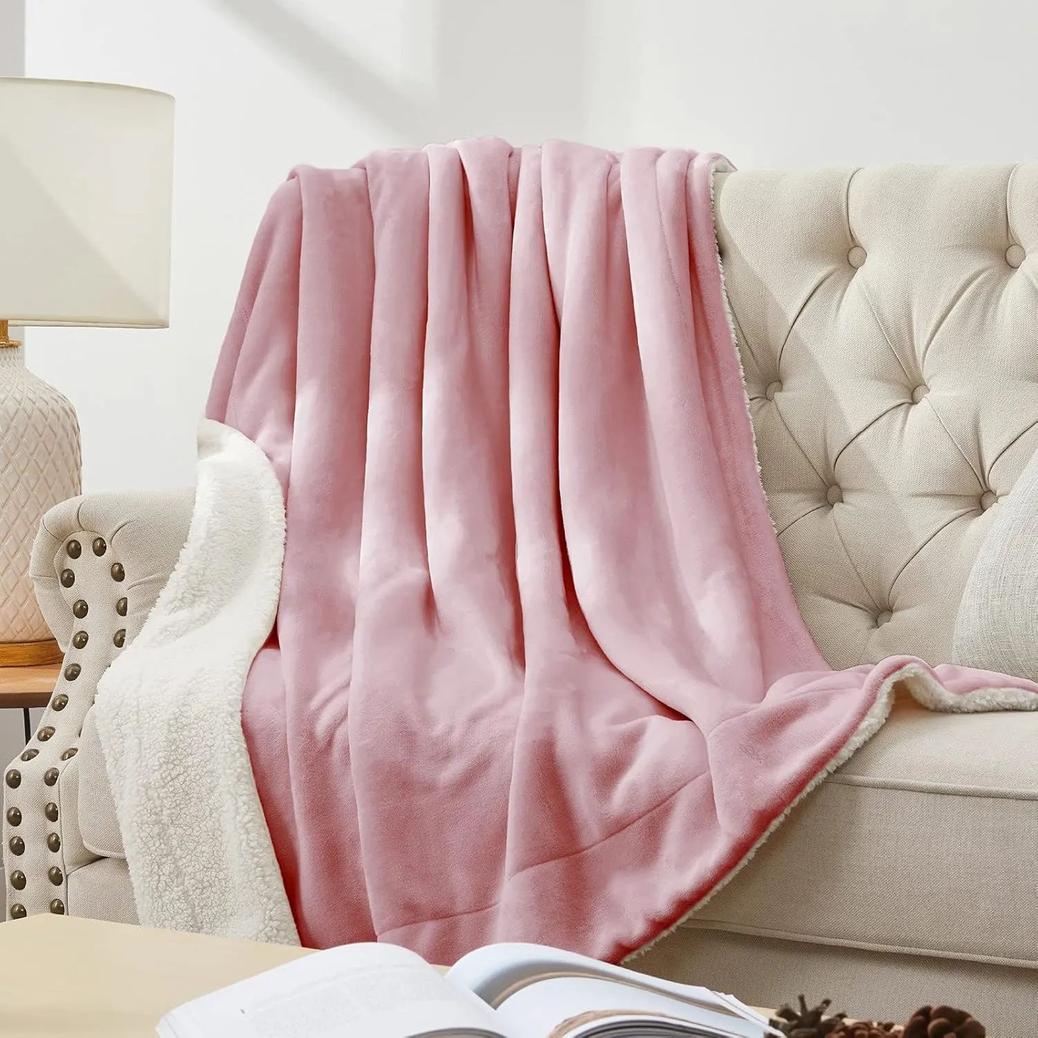 Walensee Sherpa Fleece Blanket (Throw Size 50”x60” Blush) Plush Throw Fuzzy Super Soft Reversible Microfiber Flannel Blankets for Couch, Bed, Sofa Ultra Luxurious Warm and Cozy for All Seasons