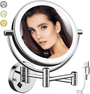 Wall Mounted Makeup Mirror with 3 Color Lights & Stepless Dimming, 1X/10X Magnifying LED Double Sided Shaving Cosmetic Mirror, Touch Sensor Extendable Arm 360° Swivel Bathroom Mirror