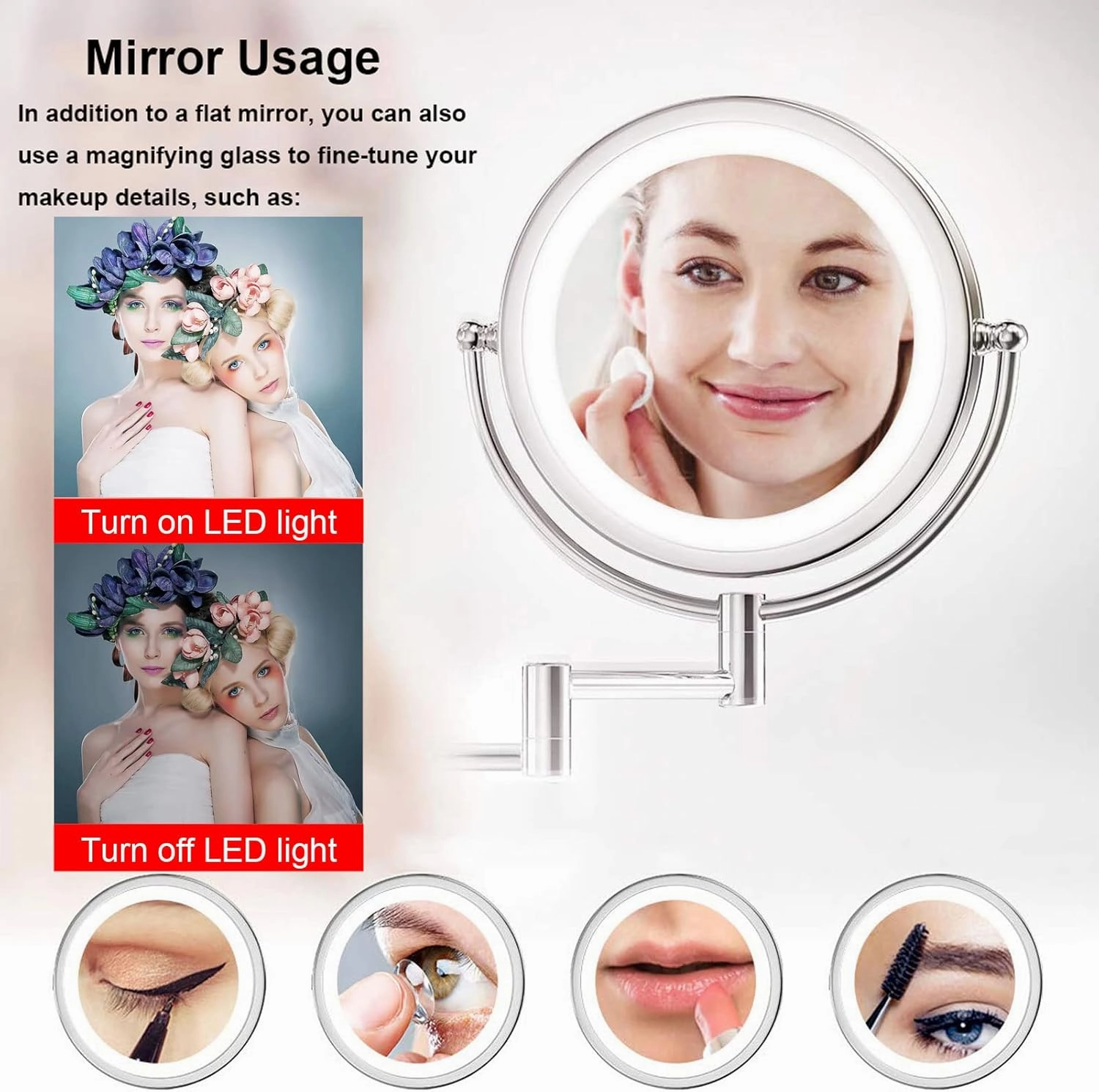Wall Mounted Makeup Mirror Hardwired 10X, Cosmetic Mirror with Light and Magnification, 8 Inch LED Bathroom Vanity Double Sided Mirror 360° Swivel with Retractable and Folding Arm Brushed Nickel