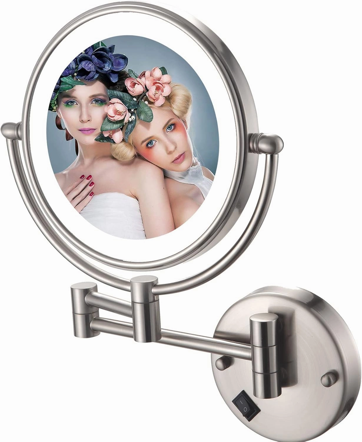 Wall Mounted Makeup Mirror Hardwired 10X, Cosmetic Mirror with Light and Magnification, 8 Inch LED Bathroom Vanity Double Sided Mirror 360° Swivel with Retractable and Folding Arm Brushed Nickel