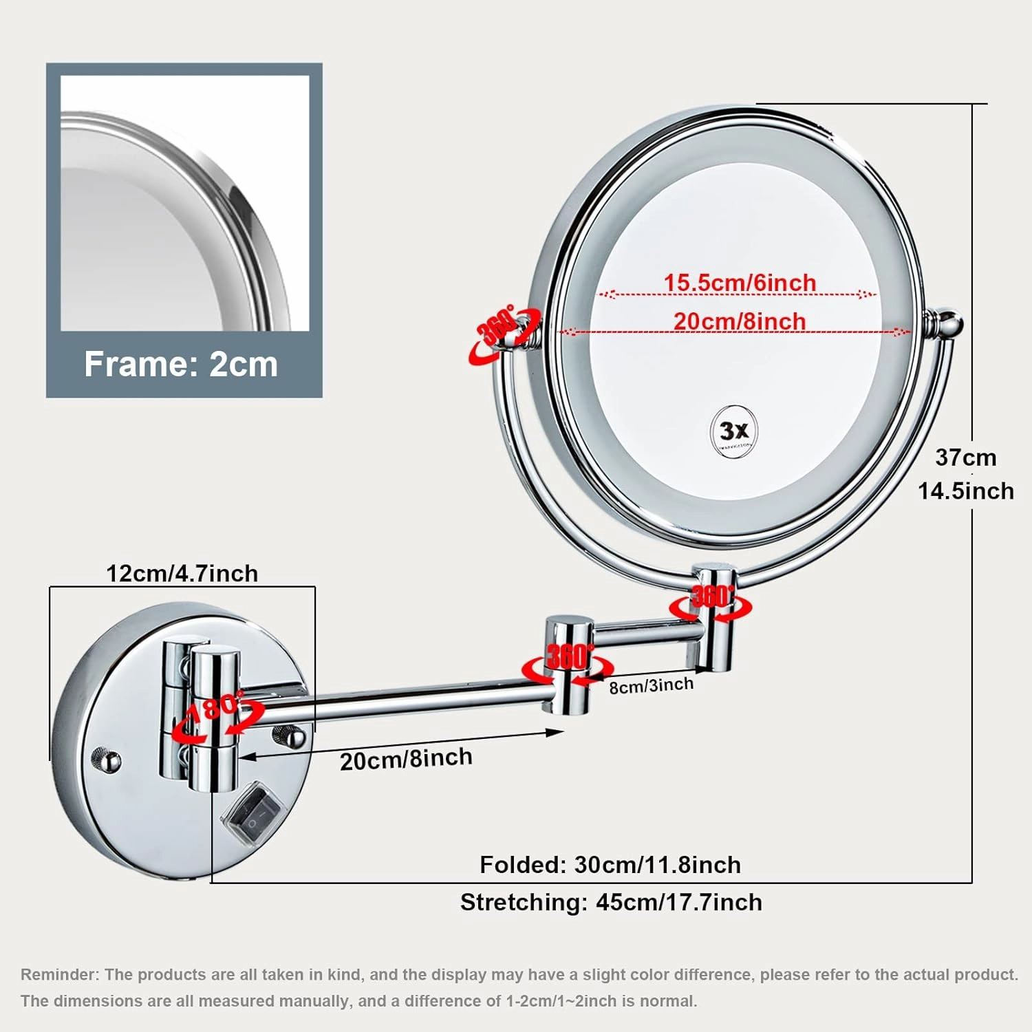 Wall Mounted Makeup Mirror Hardwired 10X, Cosmetic Mirror with Light and Magnification, 8 Inch LED Bathroom Vanity Double Sided Mirror 360° Swivel with Retractable and Folding Arm Brushed Nickel