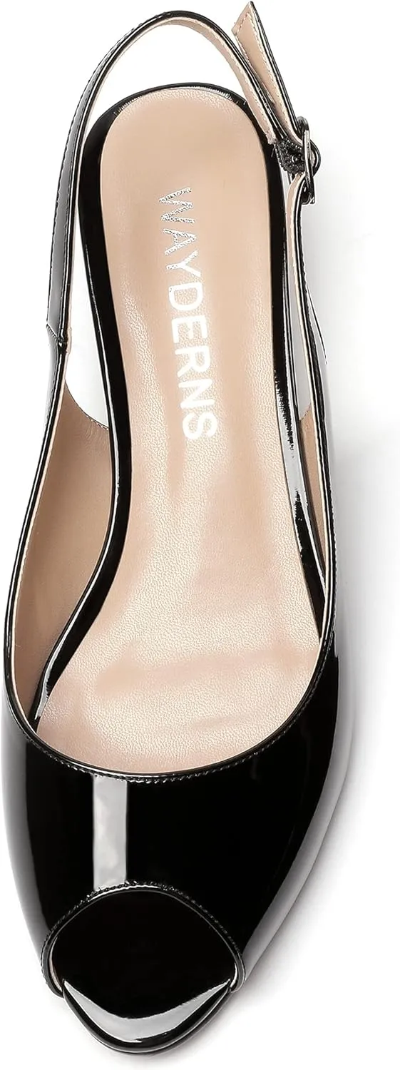WAYDERNS Women's Peep Toe Patent Leather Ankle Strap Slingback Kitten Heels Low Heel Pumps Evening Work Dress Shoes 1.5 Inch