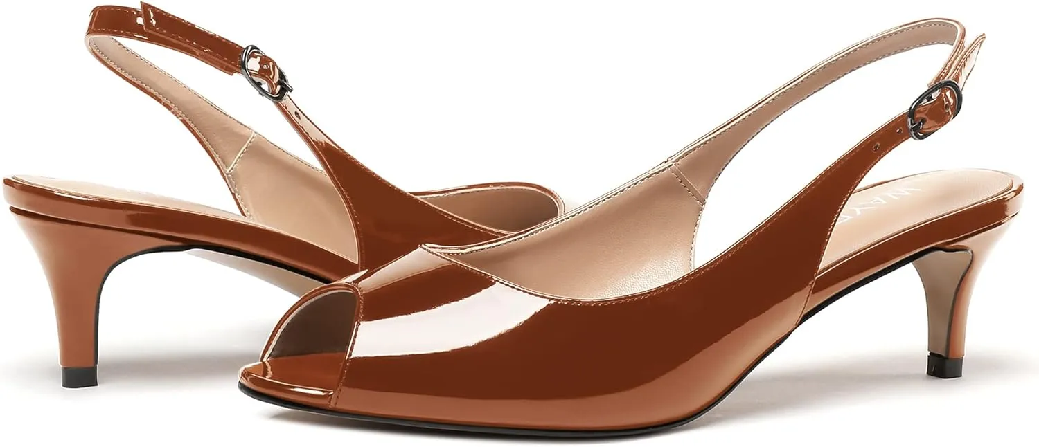 WAYDERNS Women's Peep Toe Patent Slingback Ankle Strap Kitten Low Heel Pumps Ladies Cute Dress Shoes 2 Inch