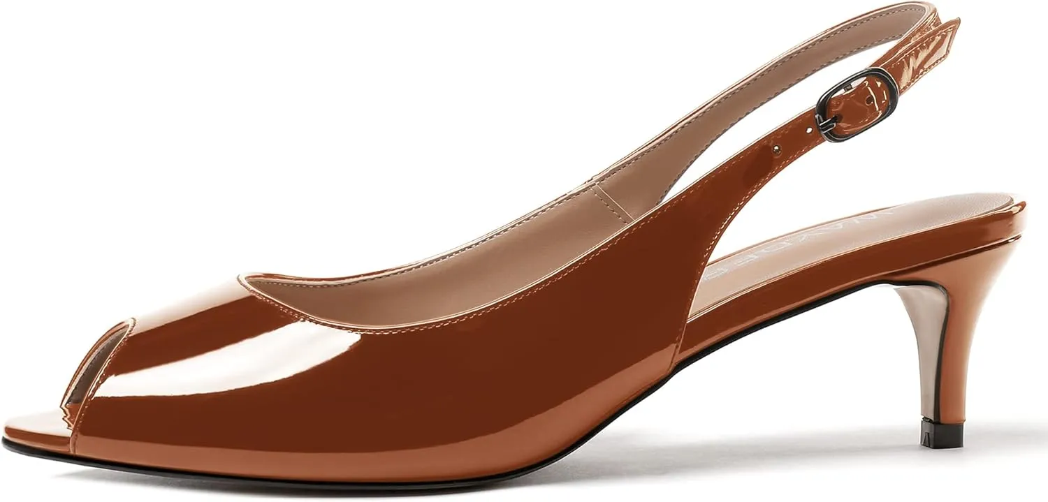 WAYDERNS Women's Peep Toe Patent Slingback Ankle Strap Kitten Low Heel Pumps Ladies Cute Dress Shoes 2 Inch