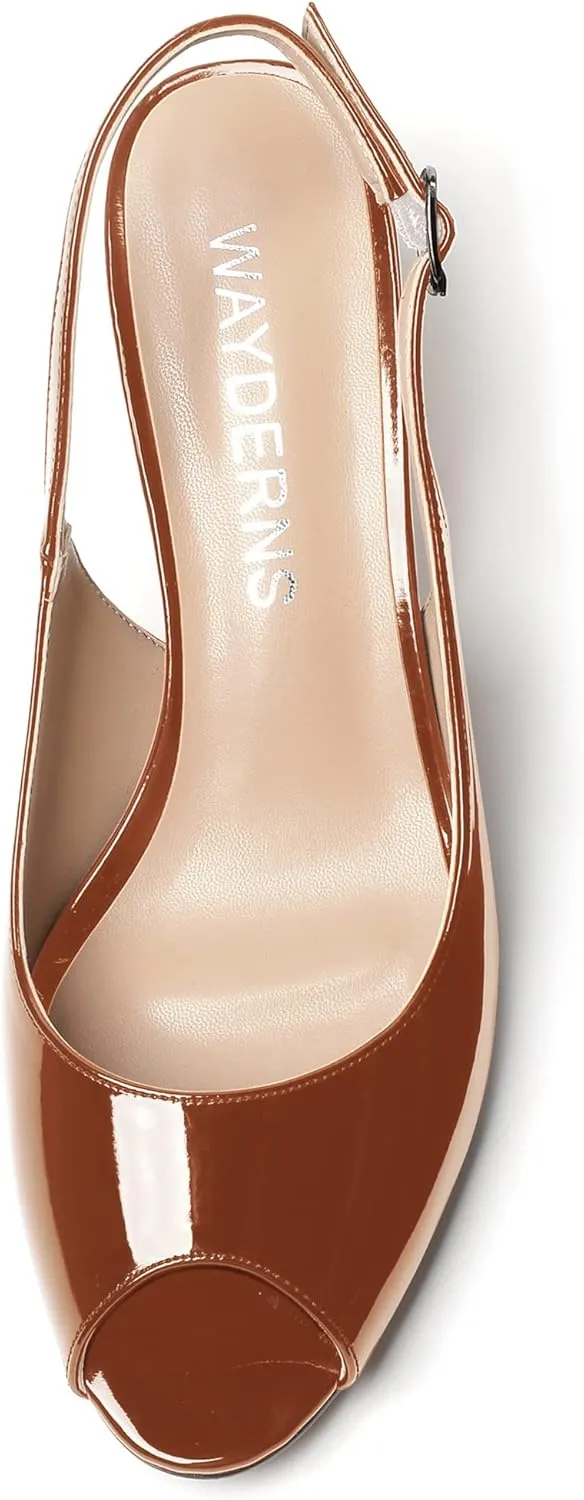 WAYDERNS Women's Peep Toe Patent Slingback Ankle Strap Kitten Low Heel Pumps Ladies Cute Dress Shoes 2 Inch