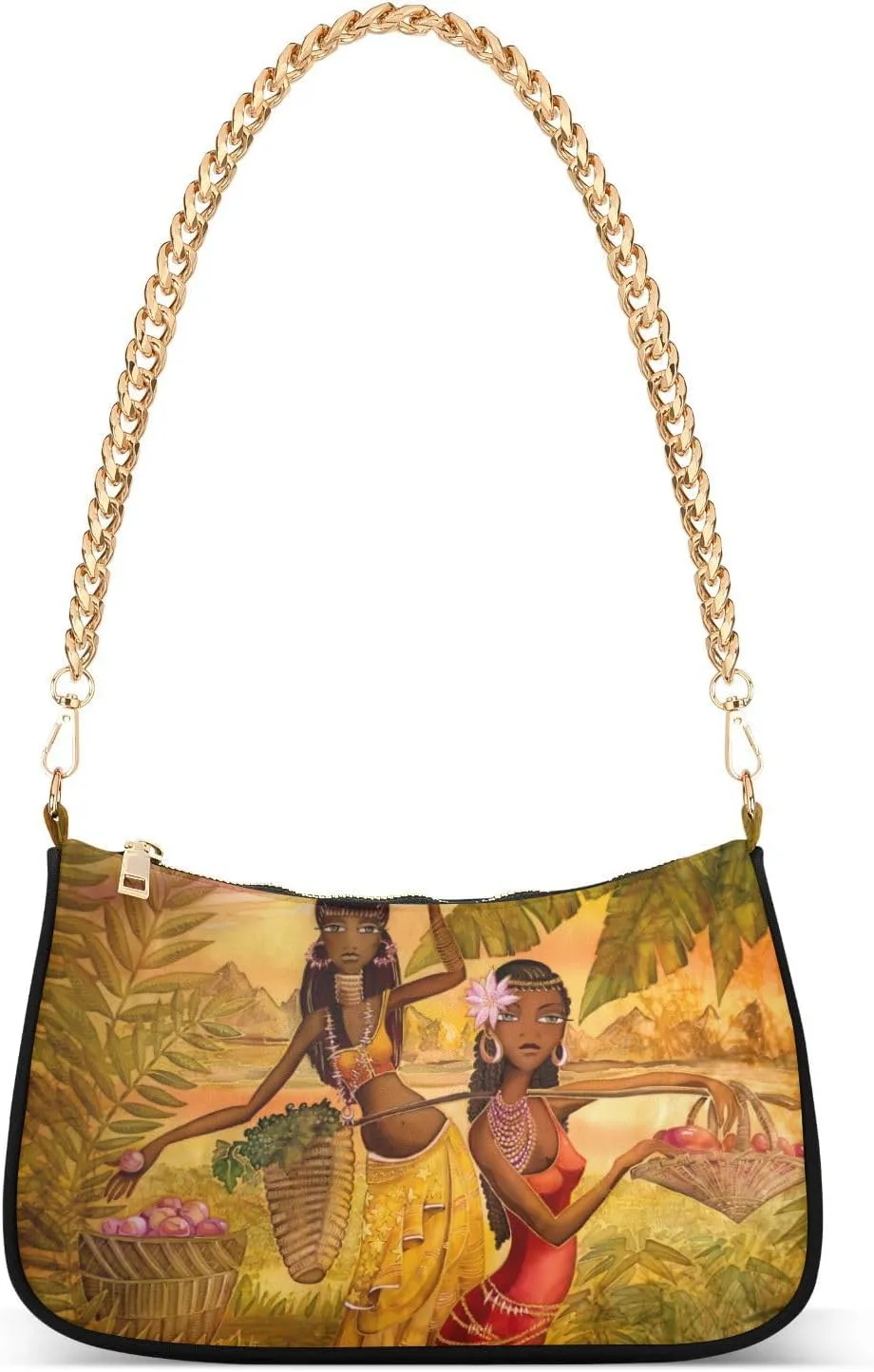 Women Chain Shoulder Purse Bag With Zipper African Tribe Girls Print, Retro Leaves Hobo Tote Clutch Handbags with Chain Strap