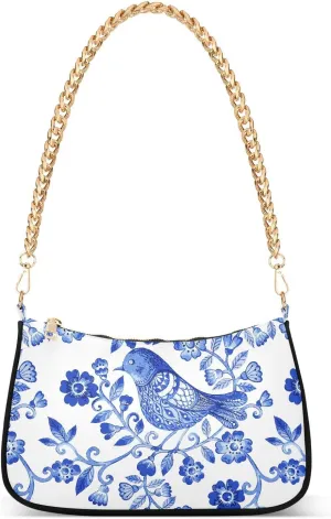 Women Chain Shoulder Purse Bag With Zipper Blue White Porcelain Birds Print, Flower Bird Hobo Tote Clutch Handbags with Chain Strap