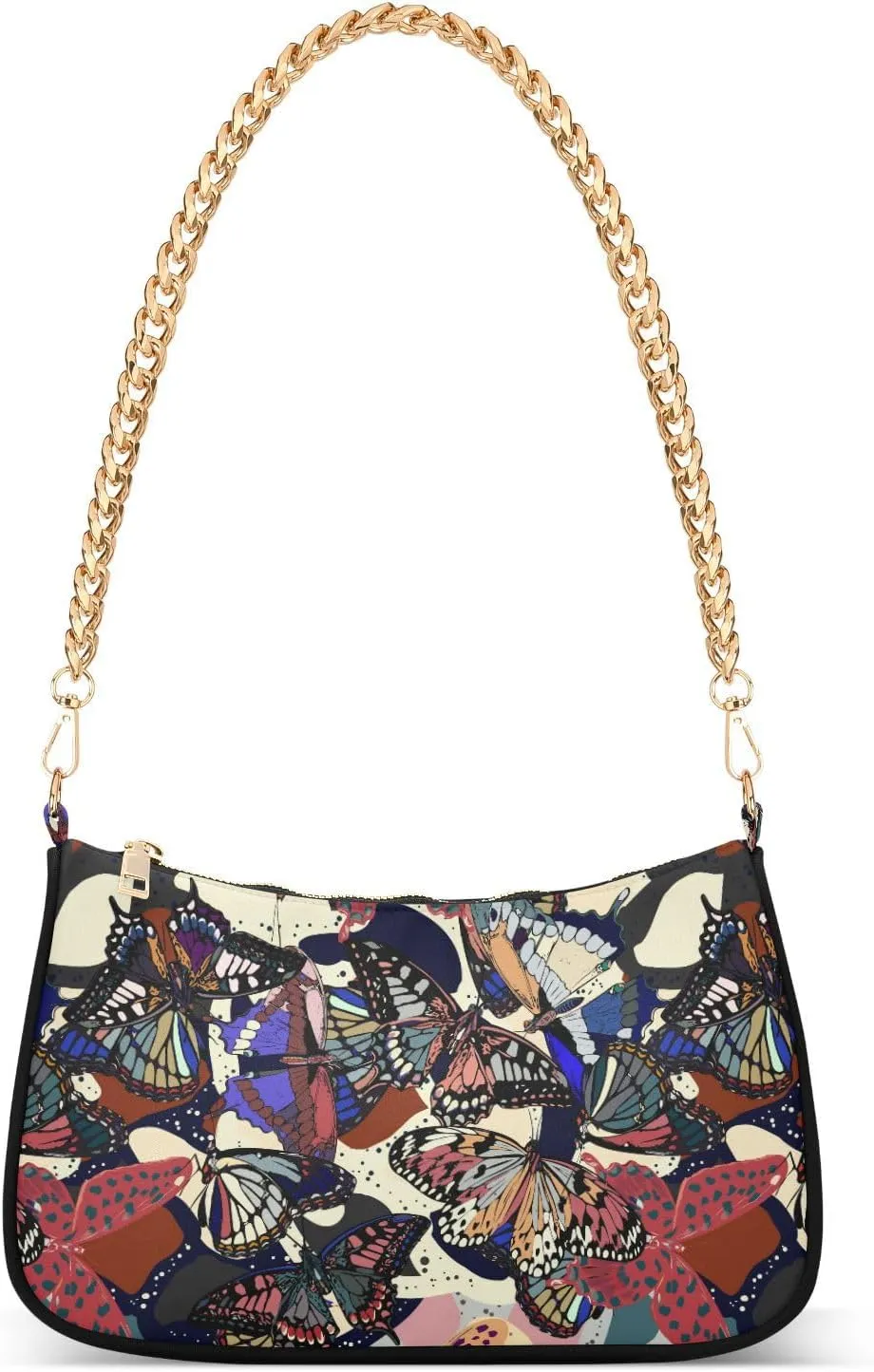 Women Chain Shoulder Purse Bag With Zipper Colorful Elegant Butterflies Print, Hobo Tote Clutch Handbags with Chain Strap