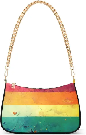 Women Chain Shoulder Purse Bag With Zipper Rainbow Watercolor Colorful Print, Hobo Tote Clutch Handbags with Chain Strap