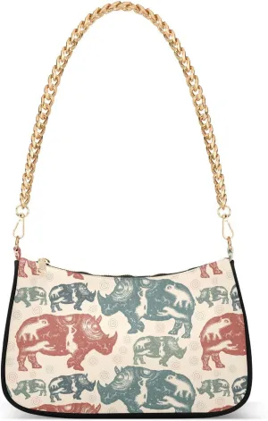 Women Chain Shoulder Purse Bag With Zipper Rhinoceros Vintage Print, Hobo Tote Clutch Handbags with Chain Strap