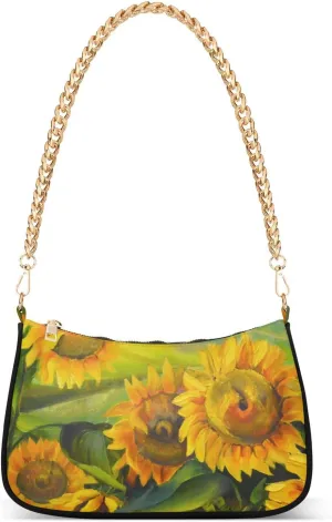 Women Chain Shoulder Purse Bag With Zipper Sunflowers Village Print, Oil Painting Hobo Tote Clutch Handbags with Chain Strap