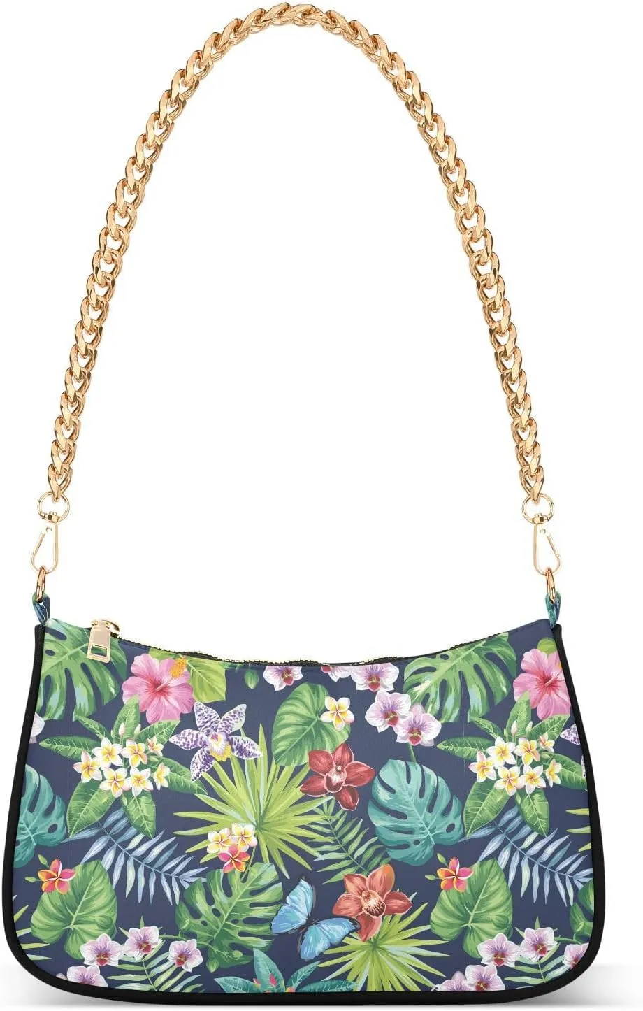 Women Chain Shoulder Purse Bag With Zipper Tropical Rainforest Butterfly Print, Hobo Tote Clutch Handbags with Chain Strap