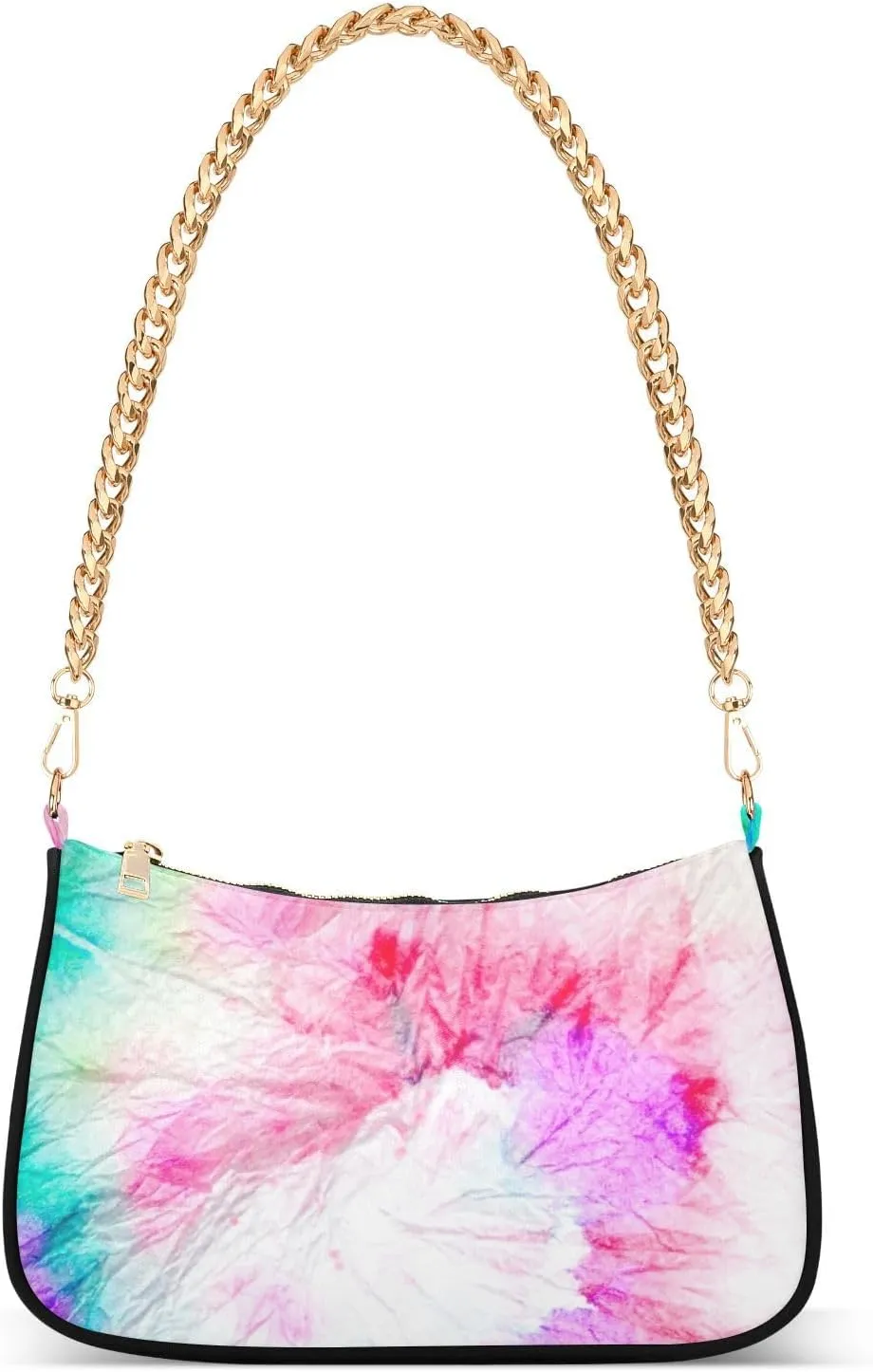 Women Chain Shoulder Purse Bag With Zipper Watercolor Tie Dye Print, Colorful Hobo Tote Clutch Handbags with Chain Strap