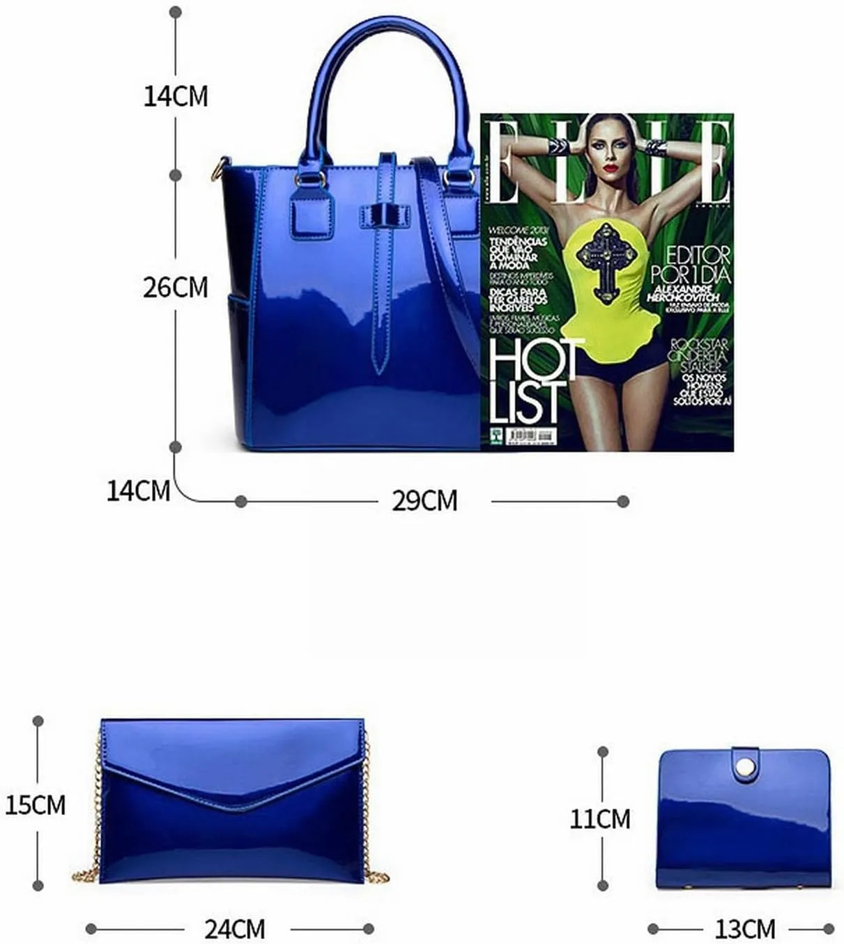 Women's Handbags Ladies Handbags Female Patent Leather Shoulder Messenger Bags Tote Bag New 3pcs Set Women Composite Bags(Blue)