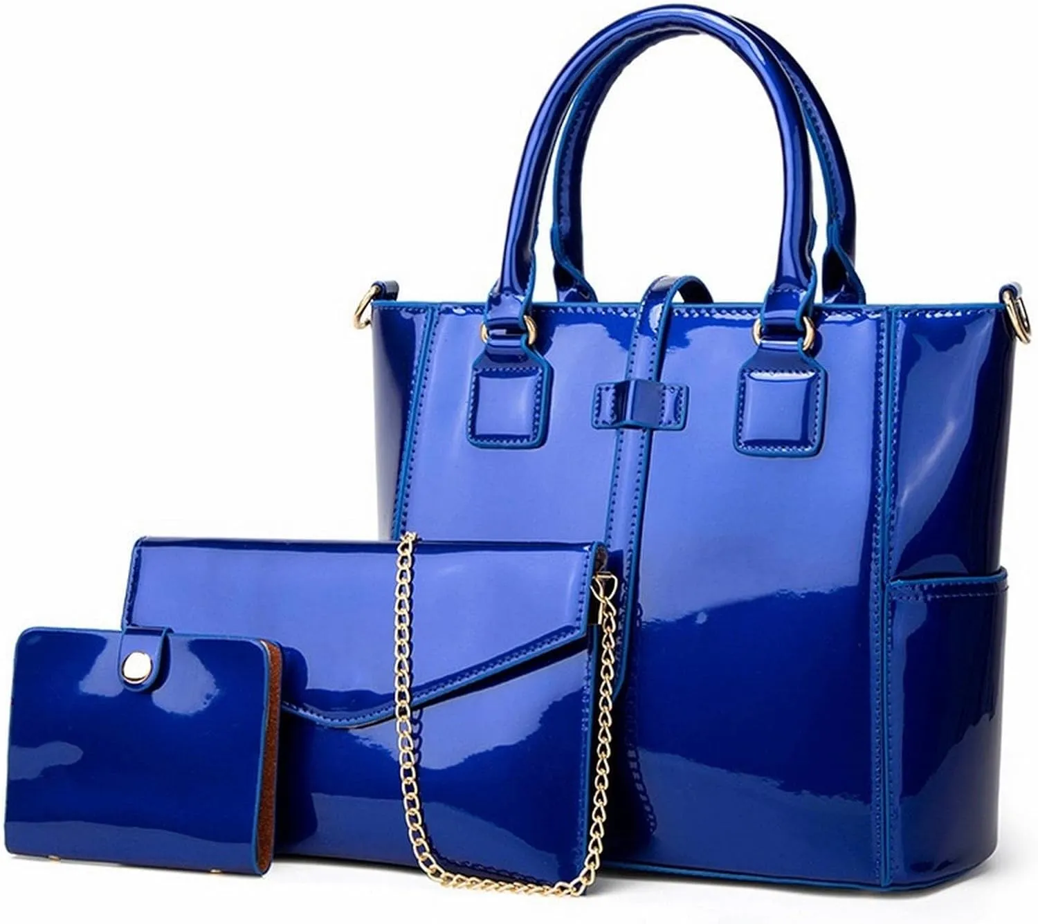 Women's Handbags Ladies Handbags Female Patent Leather Shoulder Messenger Bags Tote Bag New 3pcs Set Women Composite Bags(Blue)