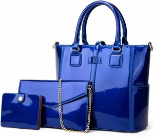 Women's Handbags Ladies Handbags Female Patent Leather Shoulder Messenger Bags Tote Bag New 3pcs Set Women Composite Bags(Blue)